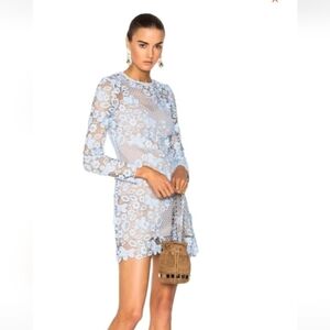 Self Portrait 3D Geometric Lace Floral  Blue Sheer Long Sleeve Mini Dress Size 4